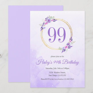 Pastel Lila Floral Golden Kranz 99. Geburtstag Einladung