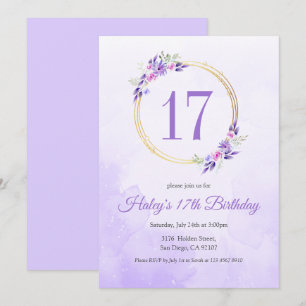 Pastel Lila Floral Goldener Kranz 17. Geburtstag Einladung