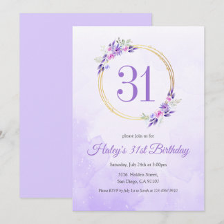Pastel Lila Floral Goldener Kranz 31. Geburtstag Einladung
