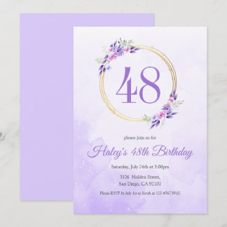 Pastel Lila Floral Goldener Kranz 48. Geburtstag Einladung