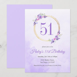 Pastel Lila Floral Goldener Kranz 51. Geburtstag Einladung