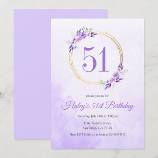 Pastel Lila Floral Goldener Kranz 51. Geburtstag Einladung
