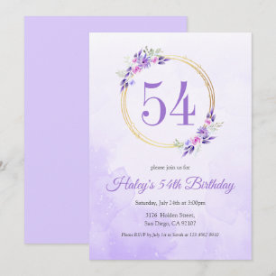 Pastel Lila Floral Goldener Kranz 54. Geburtstag Einladung