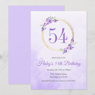 Pastel Lila Floral Goldener Kranz 54. Geburtstag Einladung