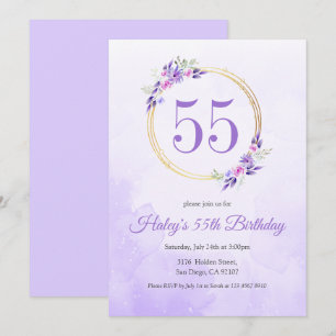 Pastel Lila Floral Goldener Kranz 55. Geburtstag Einladung