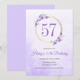 Pastel Lila Floral Goldener Kranz 57. Geburtstag Einladung