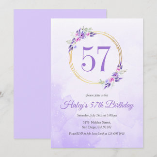 Pastel Lila Floral Goldener Kranz 57. Geburtstag Einladung
