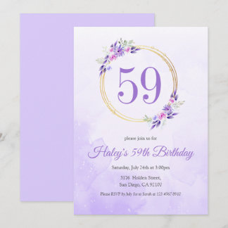 Pastel Lila Floral Goldener Kranz 59. Geburtstag Einladung