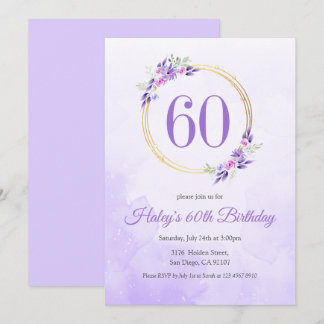 Pastel Lila Floral Goldener Kranz 60. Geburtstag Einladung