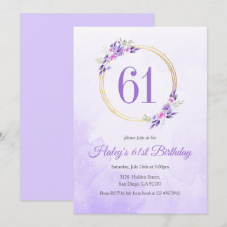 Pastel Lila Floral Goldener Kranz 61. Geburtstag Einladung
