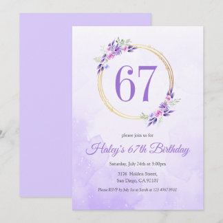 Pastel Lila Floral Goldener Kranz 67. Geburtstag Einladung