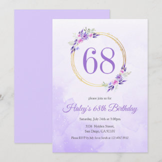 Pastel Lila Floral Goldener Kranz 68. Geburtstag Einladung
