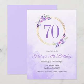 Pastel Lila Floral Goldener Kranz 70. Geburtstag Einladung