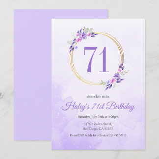 Pastel Lila Floral Goldener Kranz 71. Geburtstag Einladung