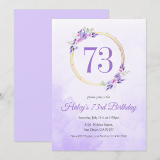 Pastel Lila Floral Goldener Kranz 73. Geburtstag Einladung