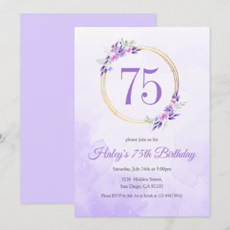 Pastel Lila Floral Goldener Kranz 75. Geburtstag Einladung