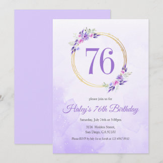 Pastel Lila Floral Goldener Kranz 76. Geburtstag Einladung