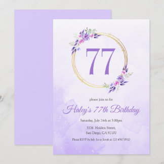 Pastel Lila Floral Goldener Kranz 77. Geburtstag Einladung