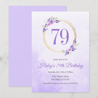 Pastel Lila Floral Goldener Kranz 79. Geburtstag Einladung