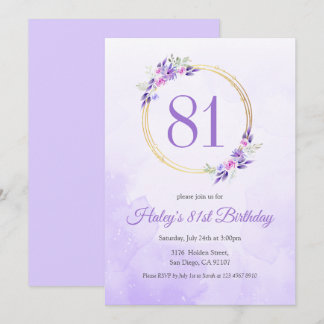 Pastel Lila Floral Goldener Kranz 81. Geburtstag Einladung