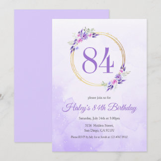 Pastel Lila Floral Goldener Kranz 84. Geburtstag Einladung