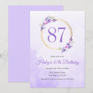 Pastel Lila Floral Goldener Kranz 87. Geburtstag Einladung