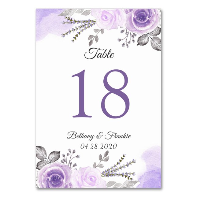 Pastel Lila Floral Wedding Tischnummer Card (Vorderseite)