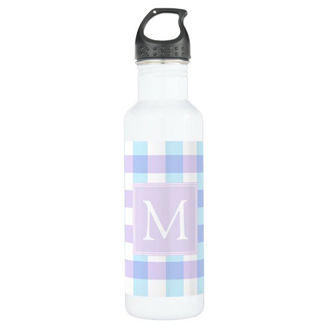 Pastel Lila Gingham Monogram Edelstahlflasche (Vorderseite)