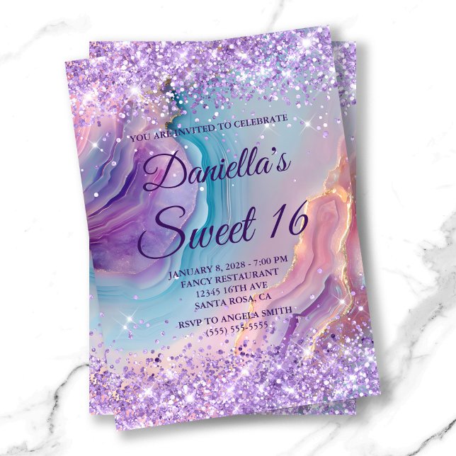 Pastel Lila Glittery Blue Pink Agate Sweet 16 Einladung (Pastel Purple Glittery Blue Pink Agate Sweet 16 Invitation)