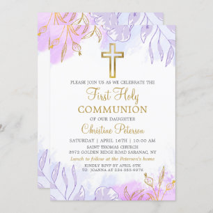 Pastel Lila Gold Floral First Heilige Kommune Einladung