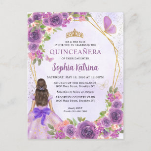 Pastel Lila Gold Floral Princess Quinceañera Einladungspostkarte