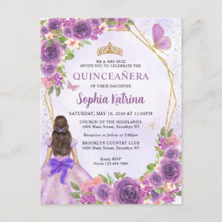 Pastel Lila Gold Floral Princess Quinceañera Einladungspostkarte