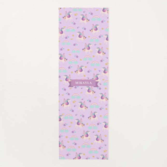 Pastel Lila | Niedliches Regenbogen Einhorn Muster Yogamatte (Vorderseite)