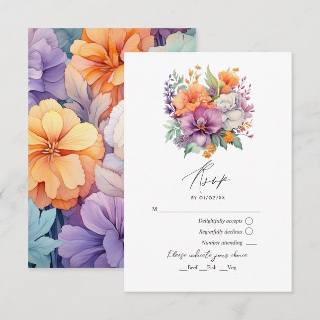 Pastel Lila, Orange und Minzfloralhochzeit RSVP Karte (Vorne/Hinten)