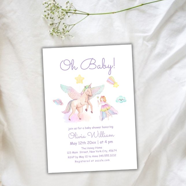 Pastel Lila Princess Unicorn Girl Babydusche Einladung (Pastel Purple Princess Unicorn Girl Baby Shower Invitation)