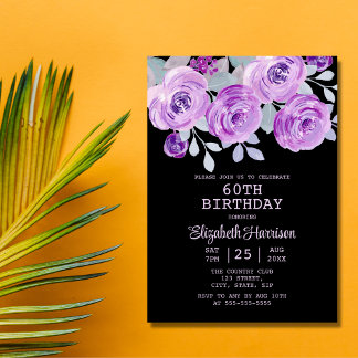 Pastel Lila Rose Floral Black 60. Geburtstag Einladung