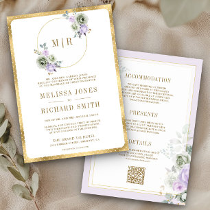 Pastel Lila Sage Green Floral All in One Wedding Einladung