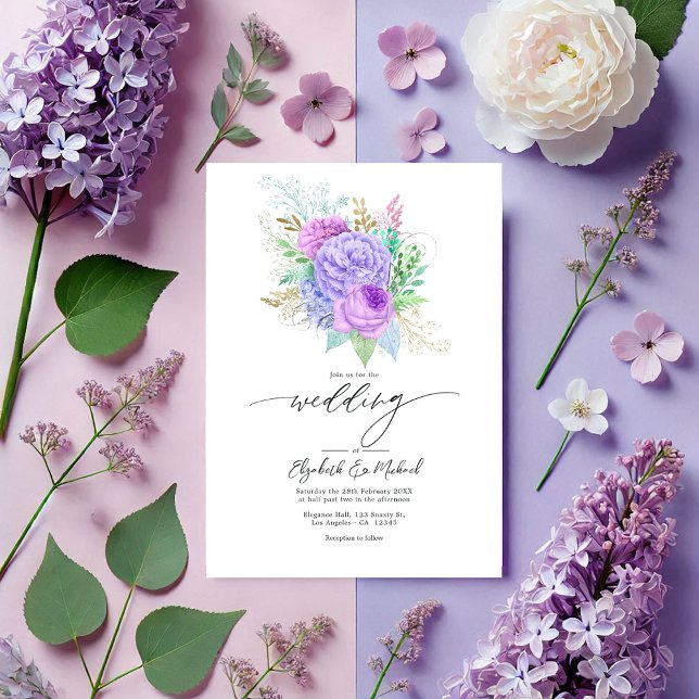Pastel Lila und grüne Frühlingsblüte Hochzeit Foto Einladung (Pastel Purple & Green Floral Spring Wedding Photo Invitation)