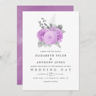 Pastel Lila und Silberne Vintage Rose Hochzeit Einladung