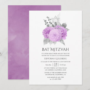 Pastel Lila und Silver Vintage Rose Bat Mitzvah Einladung