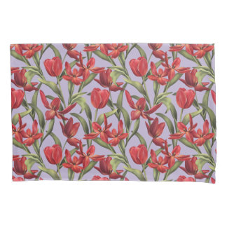Pastel Lilac Hintergrund mit roten Tulips Kissenbezug