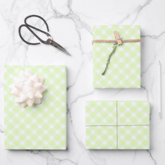 Pastel Lime Green Gingham Kariertes Muster Geschenkpapier Set (Vorderseite)