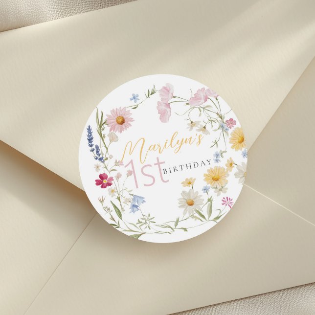 Pastel Little Wildblume Girl 1. Geburtstag Runder Aufkleber (Von Creator hochgeladen)