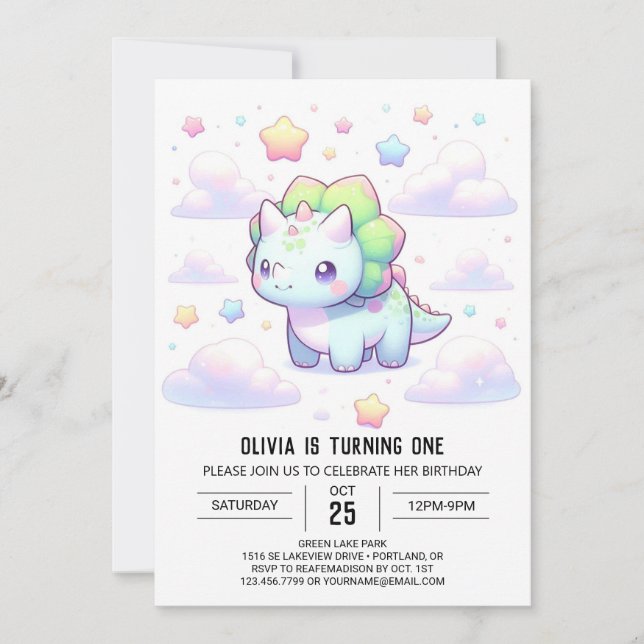 Pastel Magical Dinosaur 1. Geburtstag Einladung (Vorderseite)