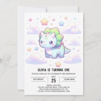 Pastel Magical Dinosaur 1. Geburtstag Einladung