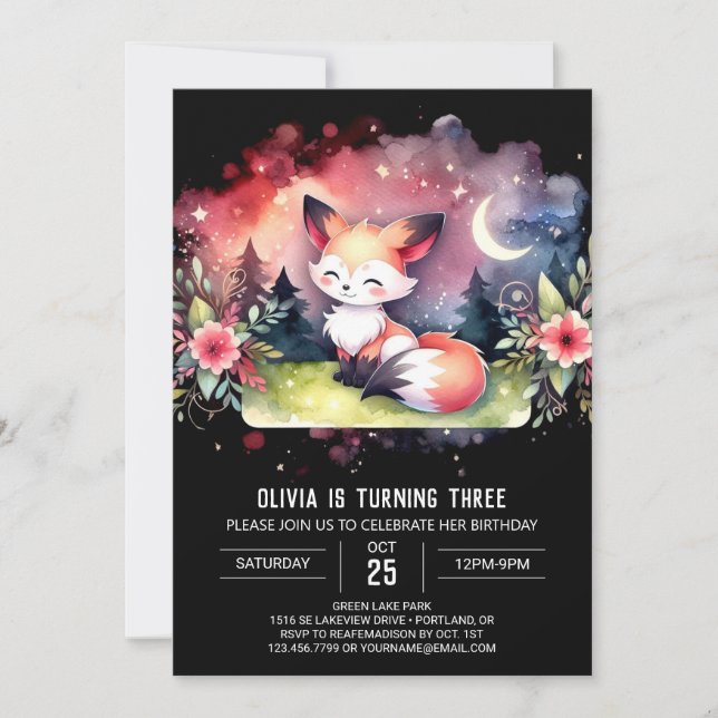 Pastel Magical Fox Geburtstag digital Einladung (Vorderseite)