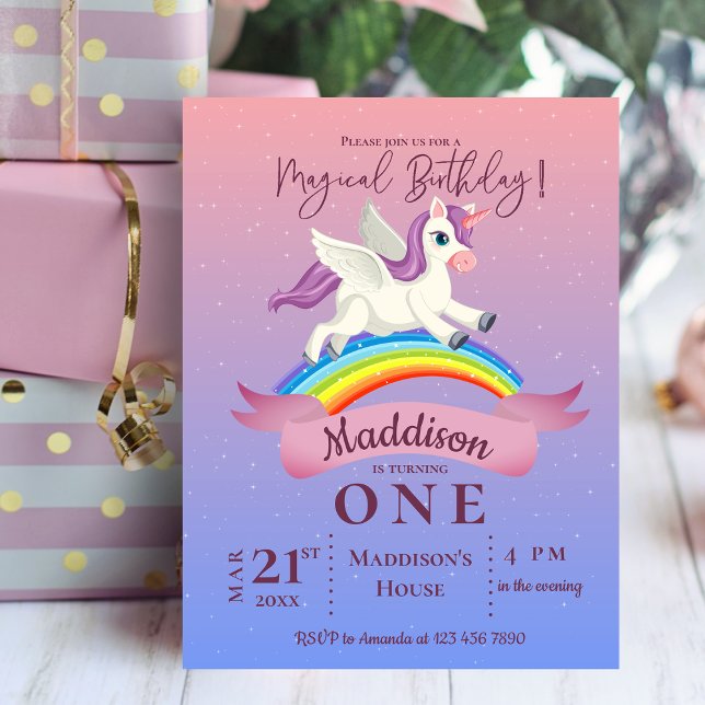 Pastel Magical Unicorn Themengeburt Einladung Postkarte (Pastel Magical Unicorn Themed Birthday Invitation Postcard)