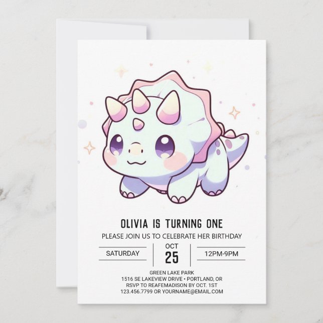Pastel Majestic Dinosaur 1. Geburtstag Einladung (Vorderseite)
