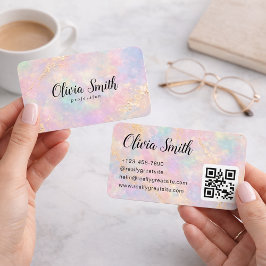 Pastel Marble Script Name and Gold Accents QR Code Visitenkarte