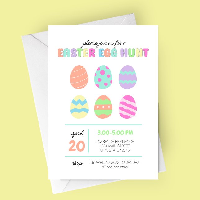 Pastel Minimalistisch Ostereier - Einladung (Minimalist Modern Easter Egg Brunch and Egg Hunt Party Invitation with six adorable colored eggs)